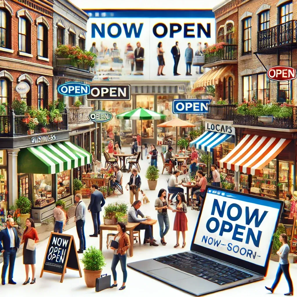 A group of people are standing around a laptop that says `` now open ''.