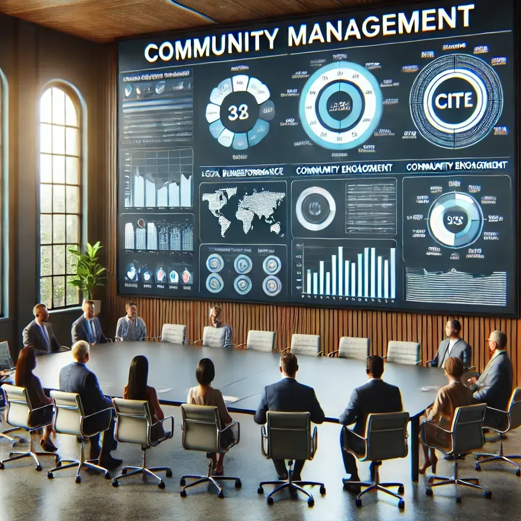 A group of people are sitting around a table in front of a large screen that says community management