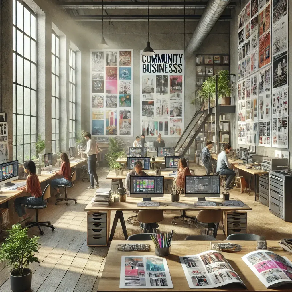A group of people are working in an office with a sign that says community business.