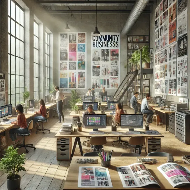 A group of people are working in an office with a sign that says community business.