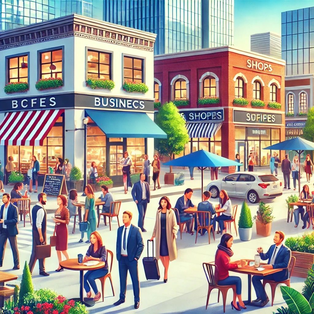 A painting of a city street with people walking and sitting at tables.