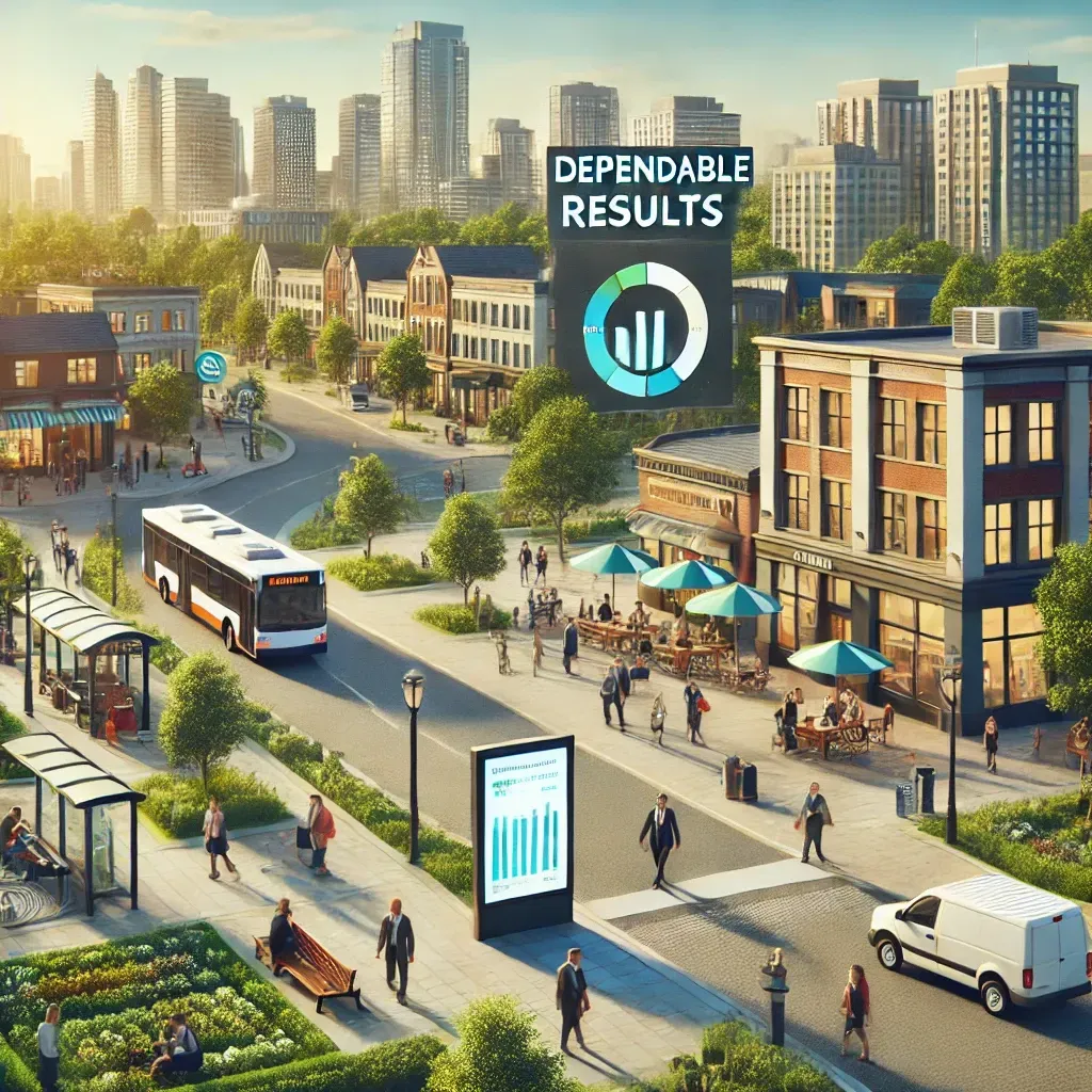 An aerial view of a city with a sign that says dependable results