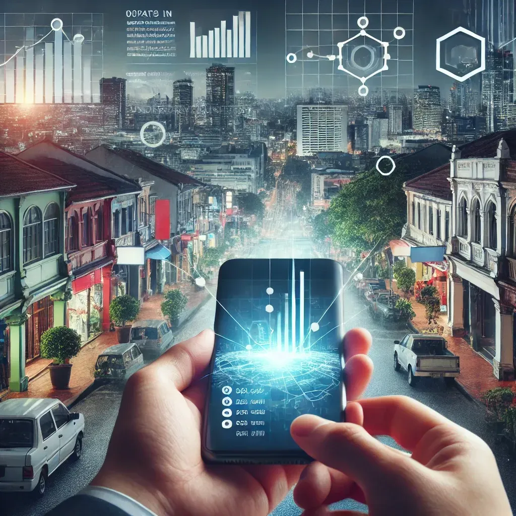 A person is holding a smart phone in front of a city.