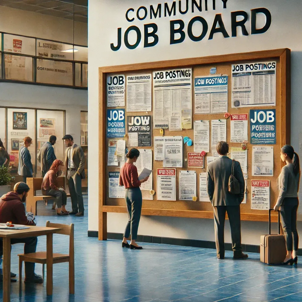 A group of people standing around a community job board