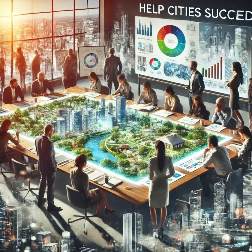 A group of people are sitting around a table with a map of a city on it.