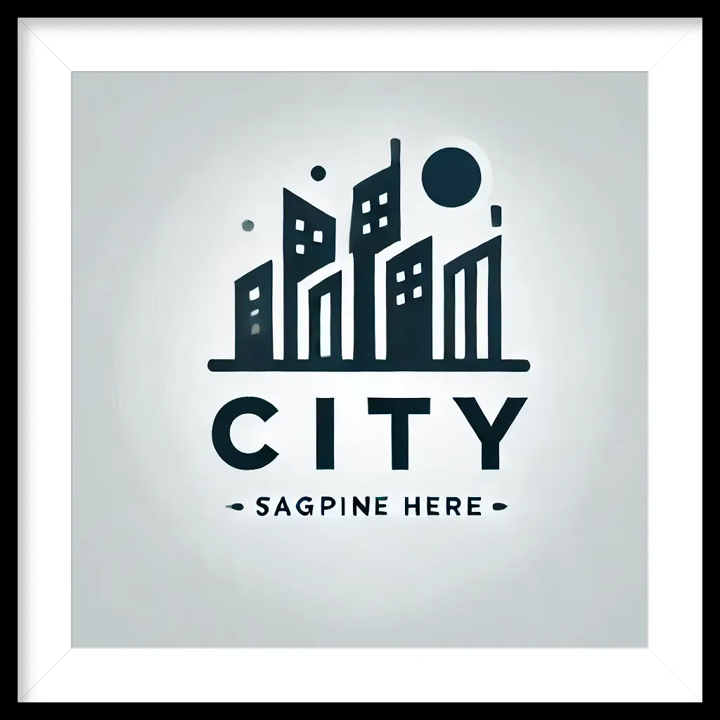 A logo for a city with buildings and a sun