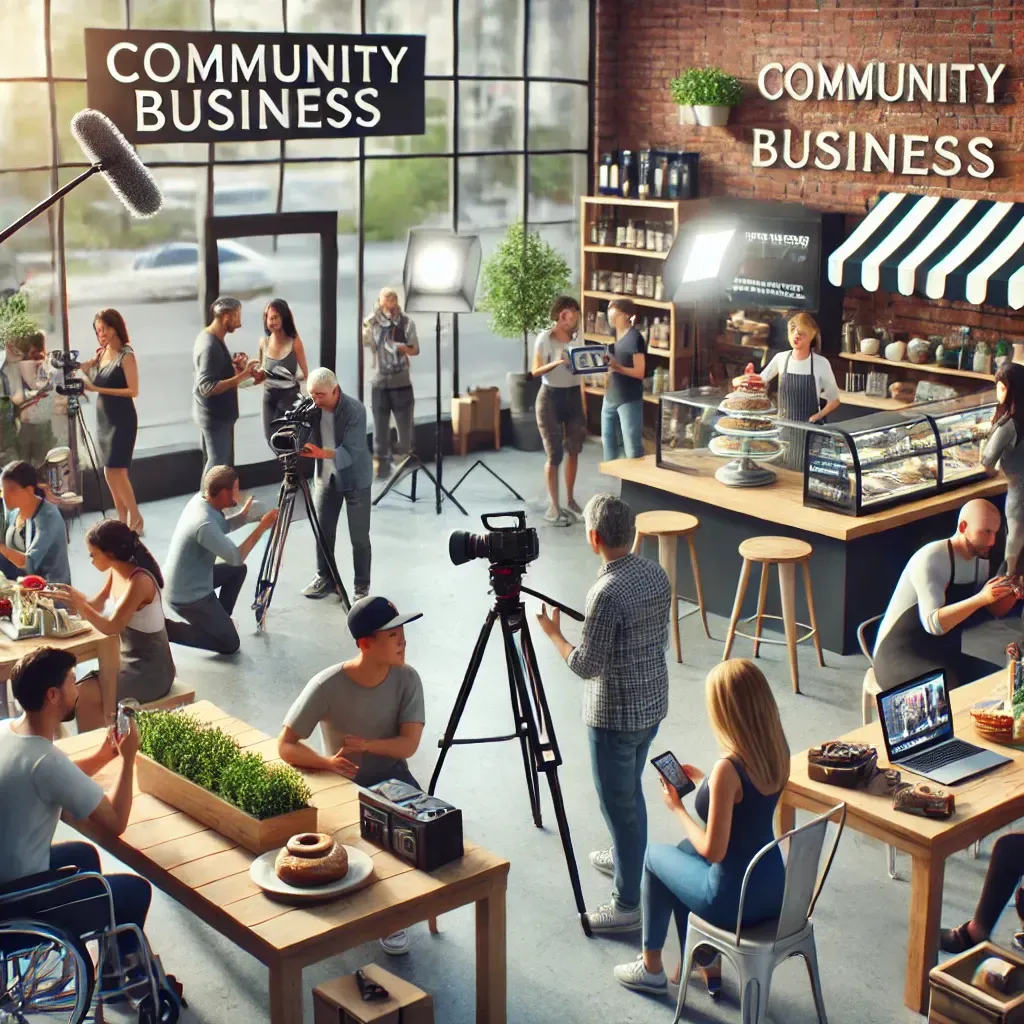 A group of people are working in a community business.