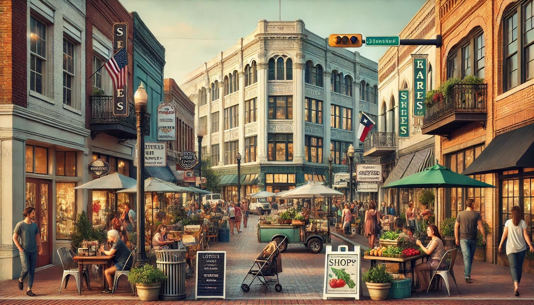 An artist 's impression of a city street with a farmer 's market in the middle of it.