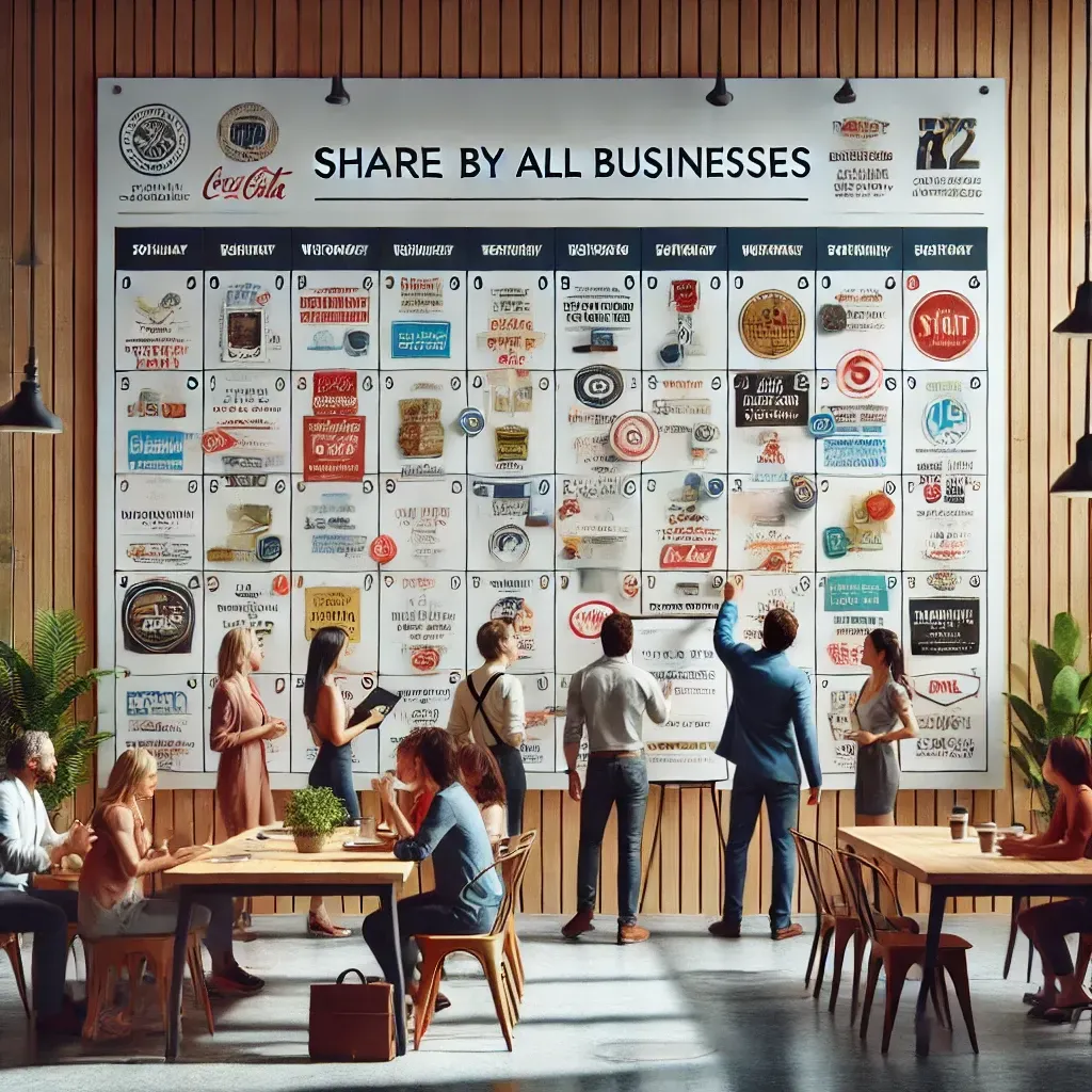 A group of people standing in front of a wall that says share by all businesses