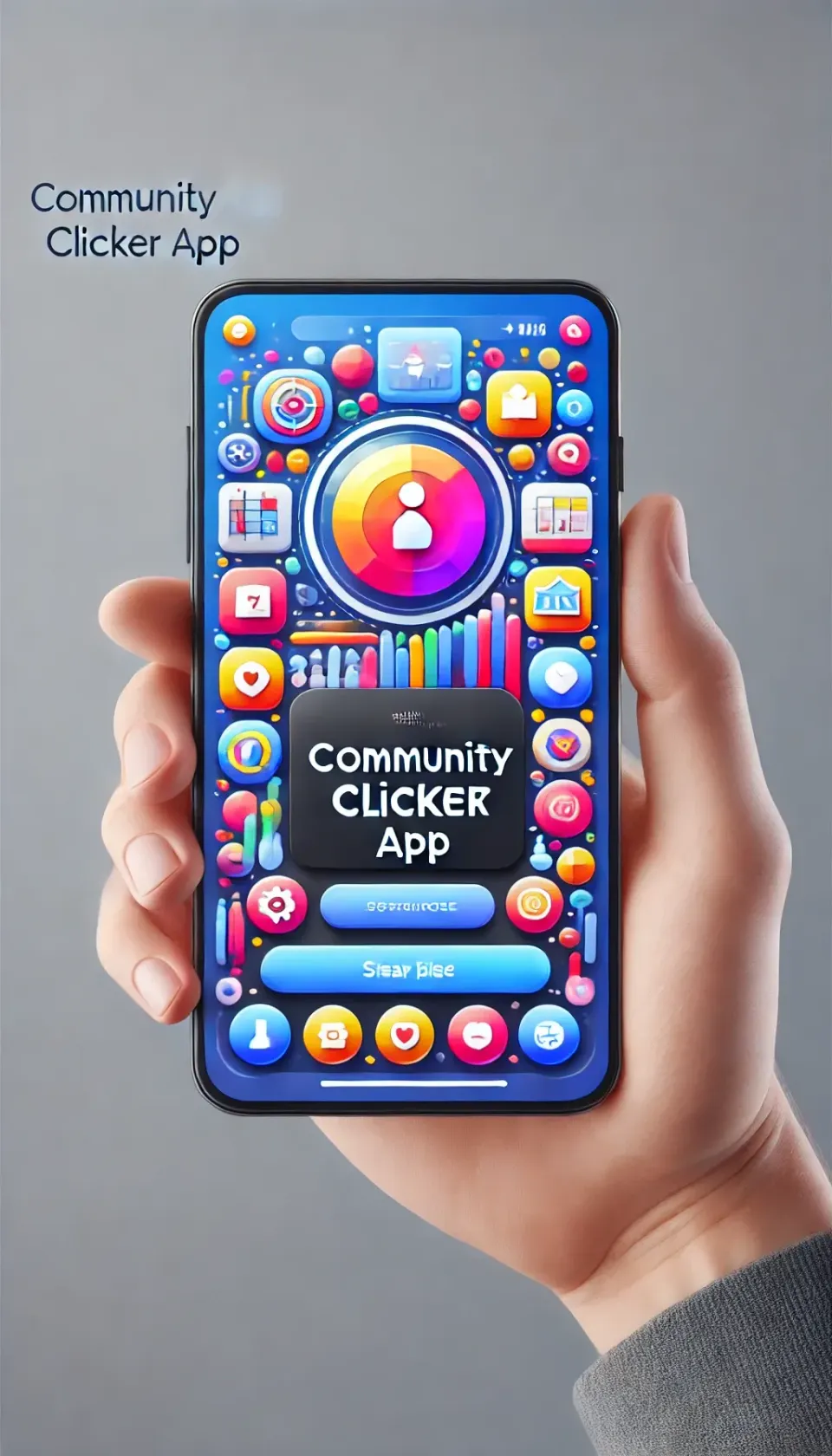 A person is holding a cell phone with a community clicker app on it.