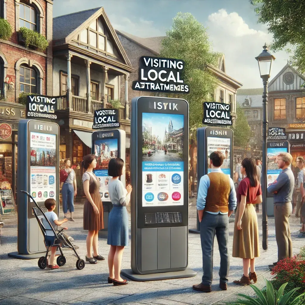 A group of people are standing around a kiosk that says visiting local attractions