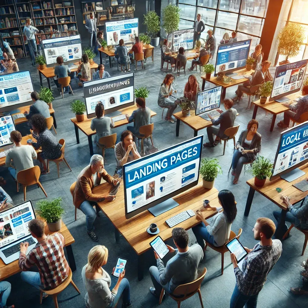A group of people are sitting at desks in front of a large screen that says landing pages.