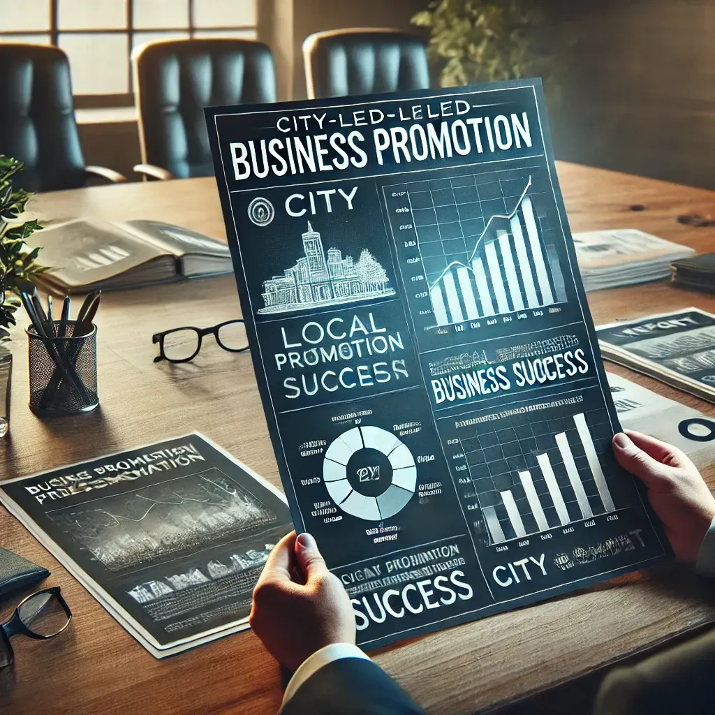 A person is holding a business promotion poster in front of a conference table.