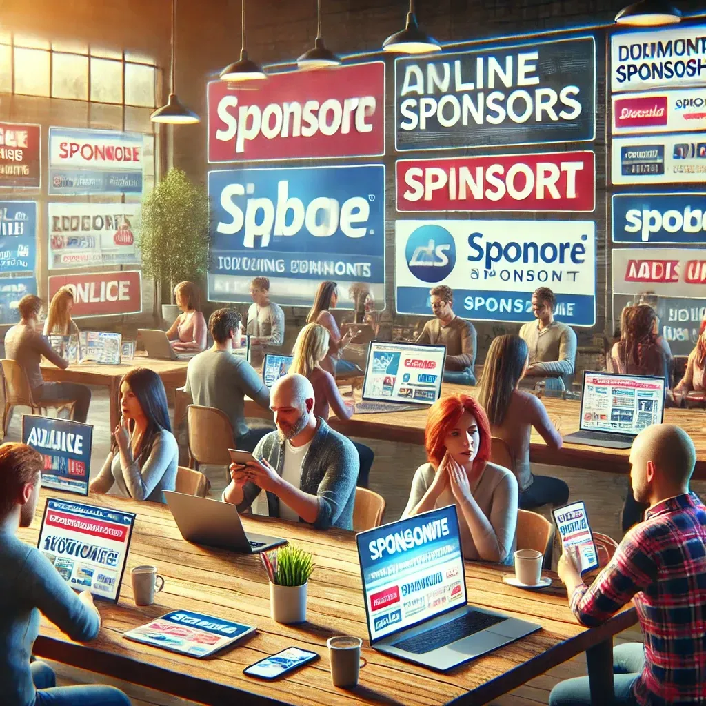 A group of people are sitting at tables with laptops in front of signs that say sponsor