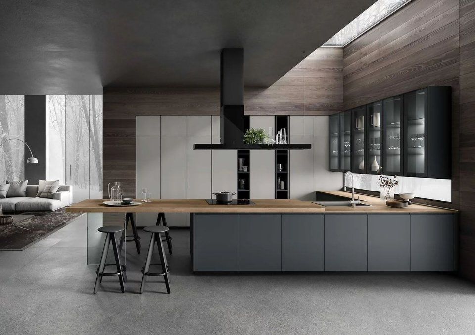 cucina con isola dallo stile moderno scura