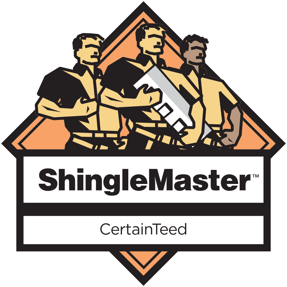 The logo for shinglemaster shows three men standing next to each other