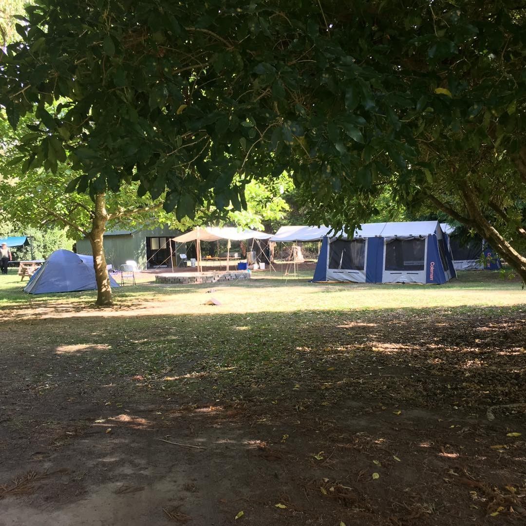 A group of tents are sitting on top of a lush green field.