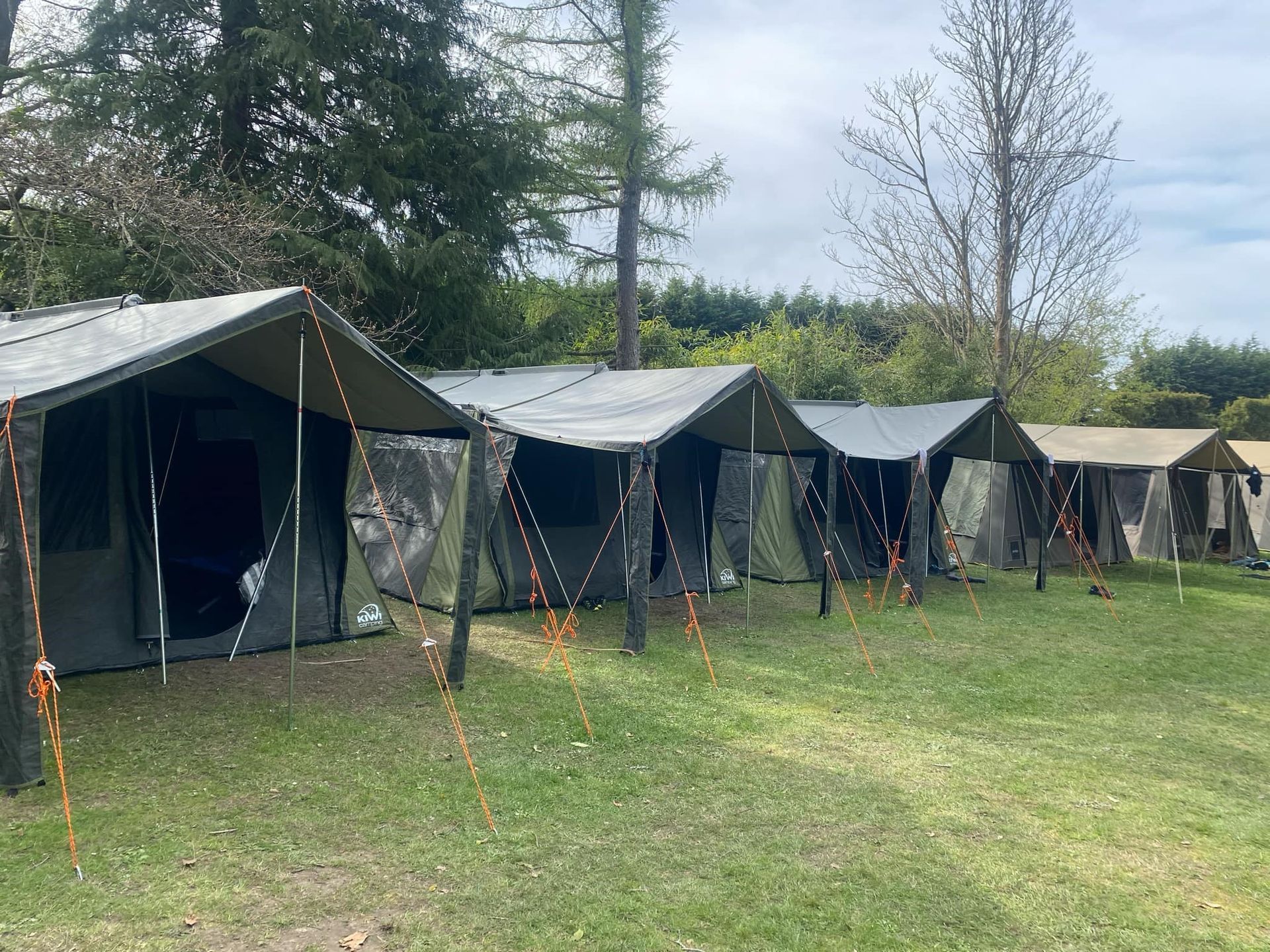 A row of tents are lined up in a grassy field.