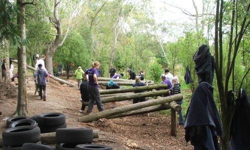 A group of people are walking across a wooden obstacle course in the woods.