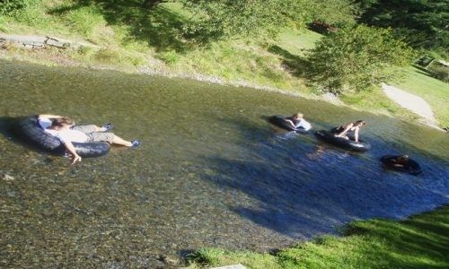 A group of people are floating down a river on inner tubes.