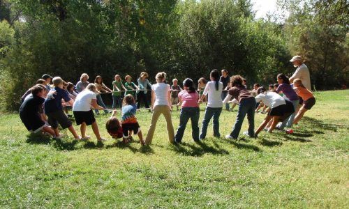 A group of people are standing in a circle in the grass