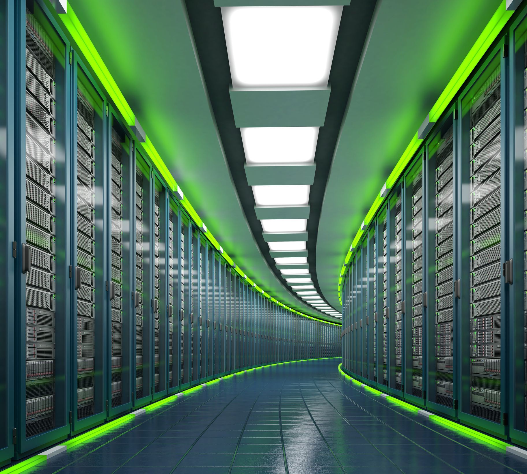 A long hallway filled with servers in a data center