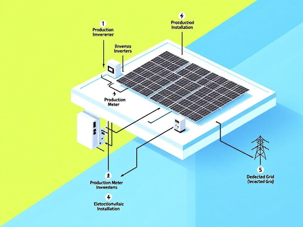 Schéma d'un système de panneaux solaires sur un toit, connecté à un réseau.