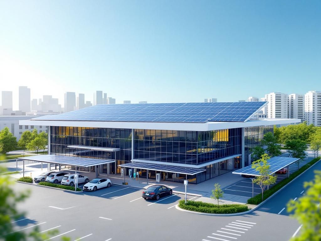Bâtiment moderne avec panneaux solaires sur le toit et abris pour voitures, voitures garées dans un cadre urbain.