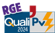 Un logo pour rge quali pv 2024 avec un éclair