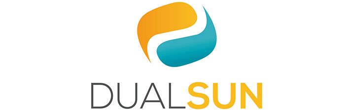 Le logo dualsun est un cercle bleu et jaune avec les mots dualsun en dessous.