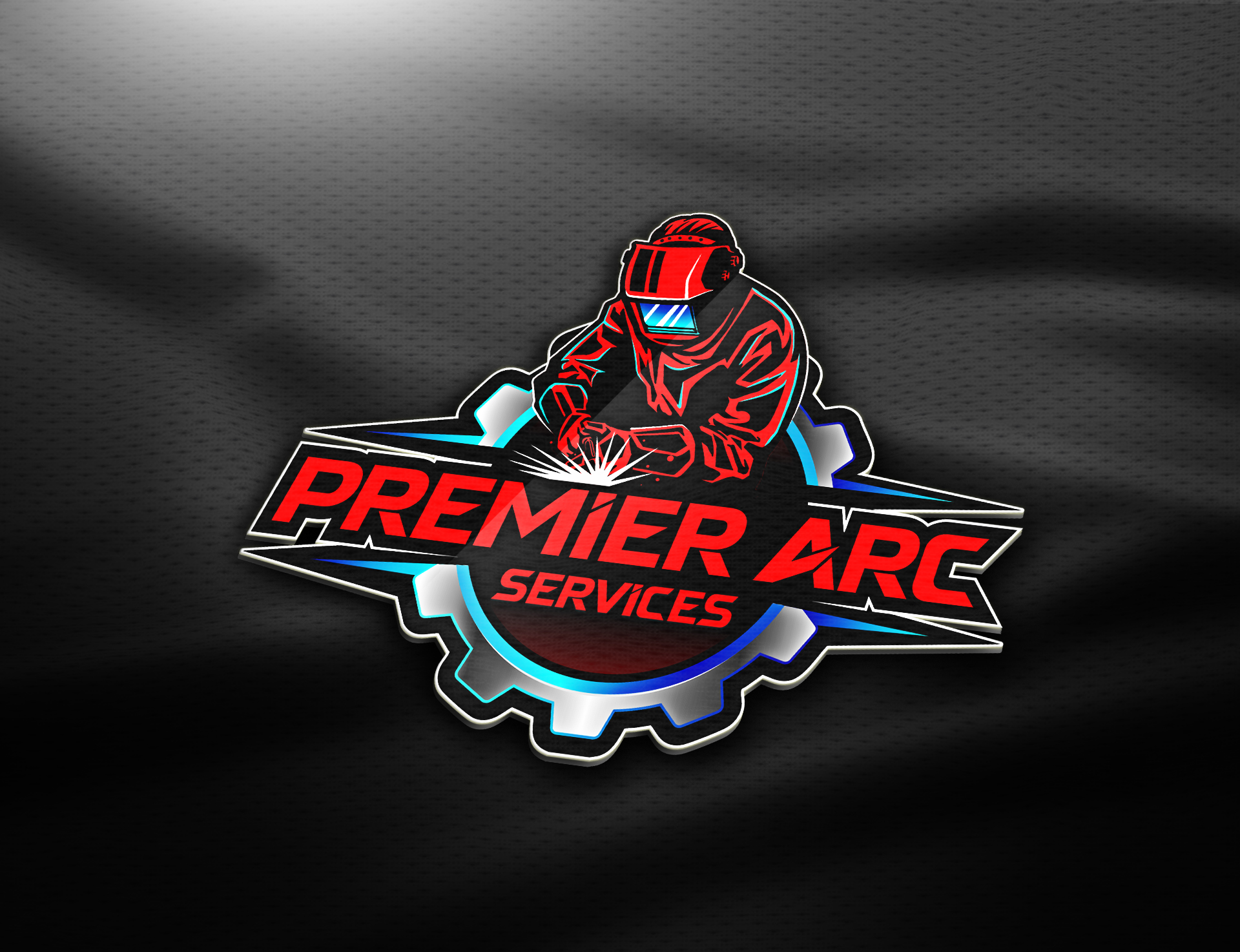 Logo for Premier Arc Services. Red and blue text, welder figure, gear outline on black background.