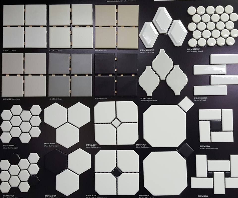 A display of different types of tiles on a black background