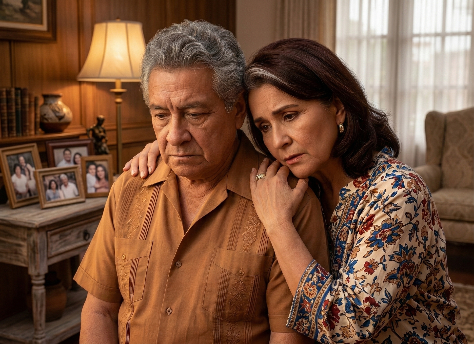 A somber couple leans into each other in a dimly lit living room, the woman resting her hand on the man's shoulder.