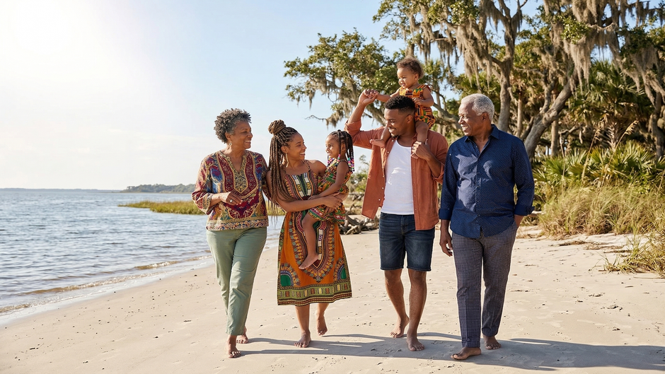 A multi-generational family walks happily along a sandy beach near water and trees on a sunny day.