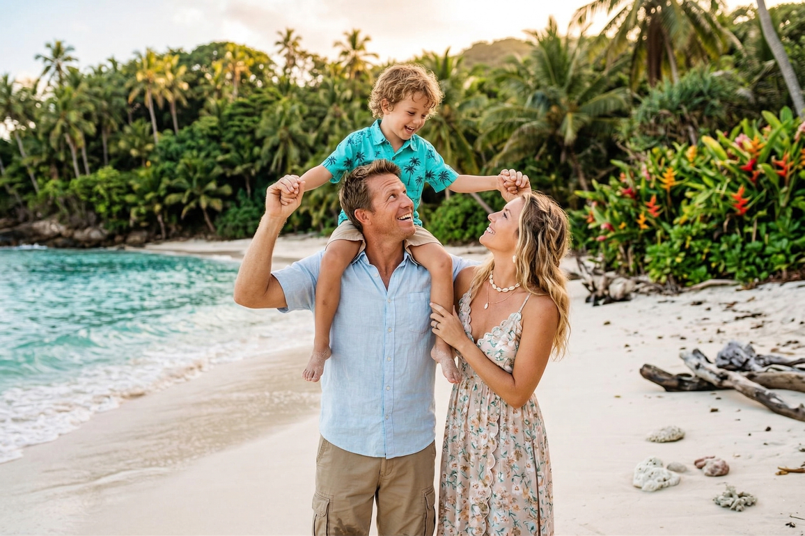 A family poses on a tropical beach; a parent carries a child on their shoulders while another stands beside them.