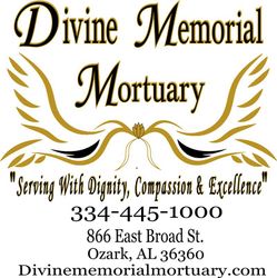White text reading "Divine Memorial Mortuary" centered above a pair of stylized white angel wings on a black background.