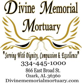 White text reading "Divine Memorial Mortuary" centered above a pair of stylized white angel wings on a black background.