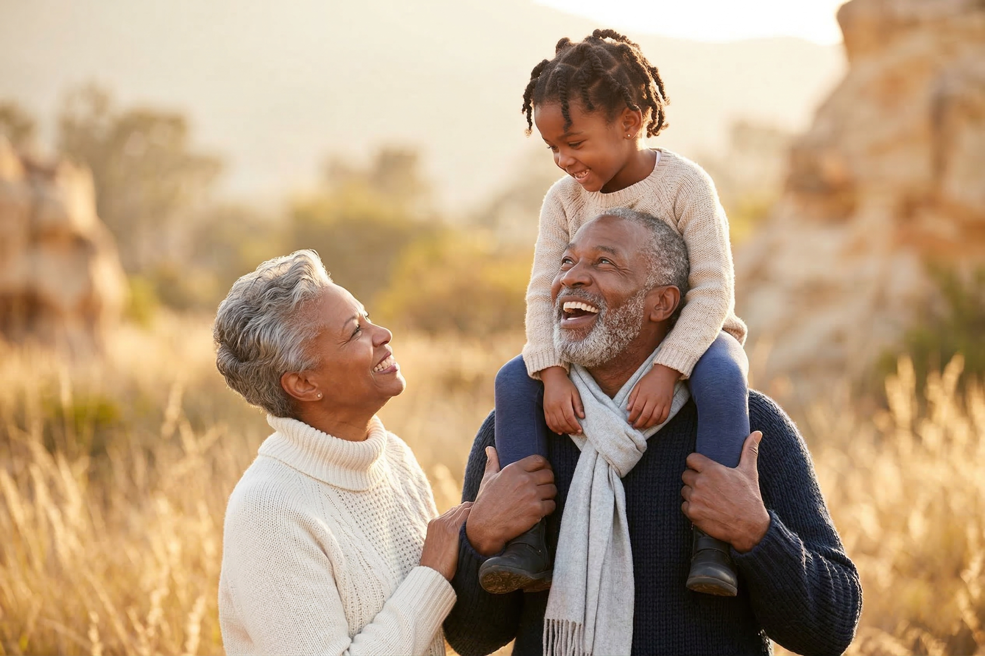 A child sits on a person's shoulders in a golden field, laughing with an adult standing beside them.