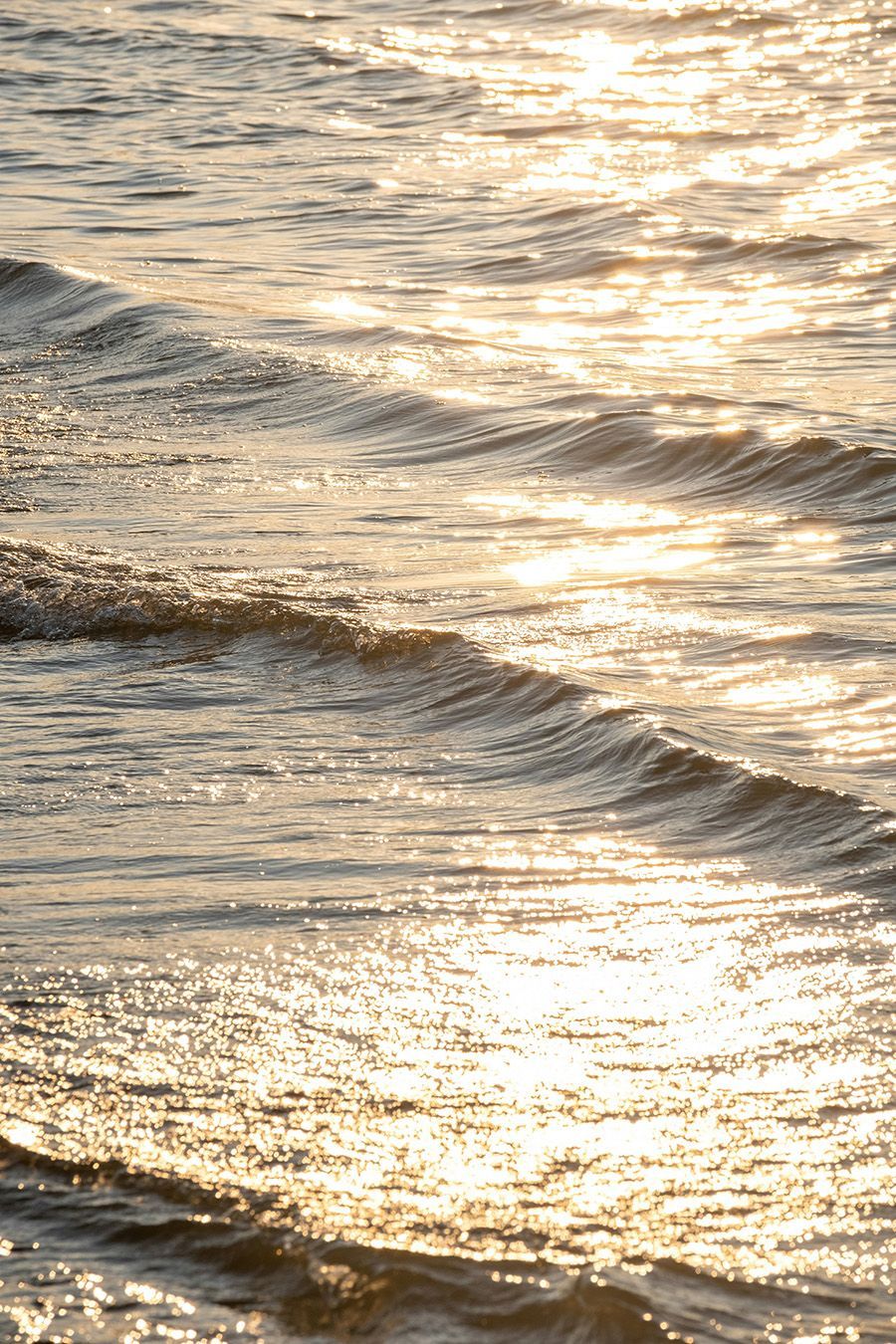 Sunlight glimmers on the gentle, rolling waves of a shoreline, creating a warm, golden reflection across the water.