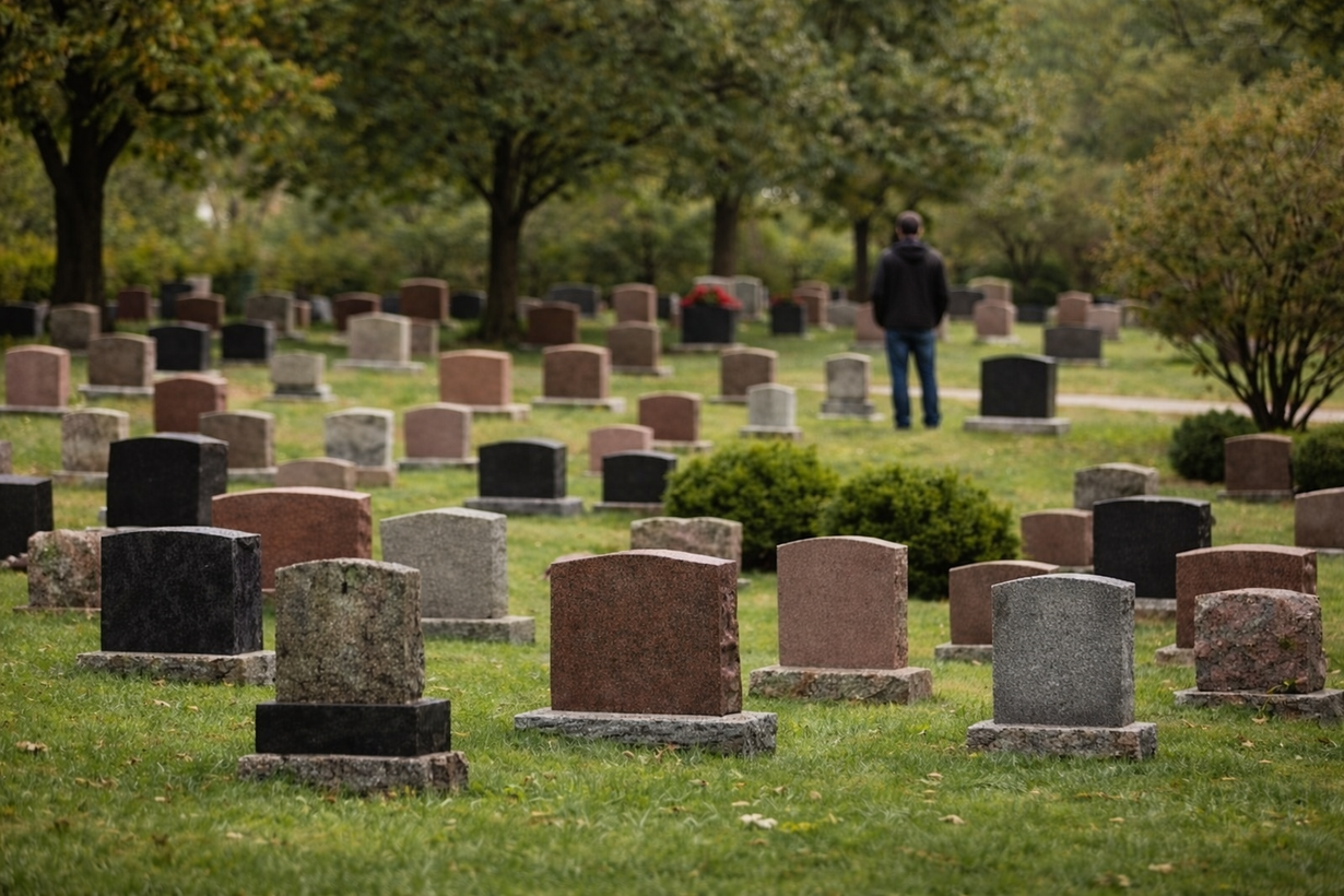 A person walks through a grassy cemetery filled with numerous upright headstones beneath trees.