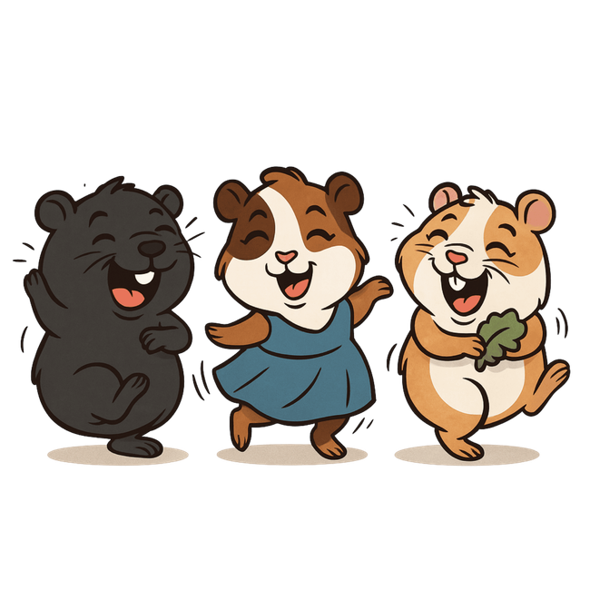 Three cheerful cartoon hamsters dancing and laughing.