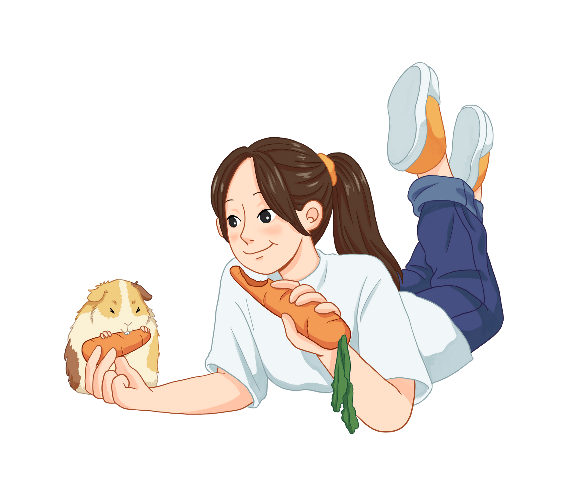 A girl lies on the floor, sharing a carrot with a guinea pig.