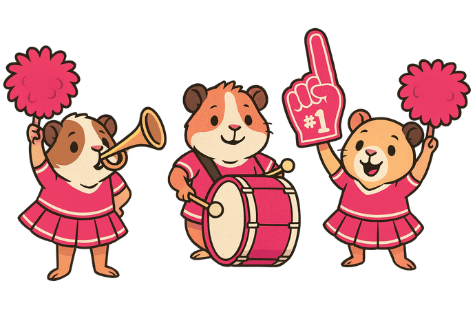 Three cartoon hamsters: one with a trumpet, another with a drum, and one with a foam finger. 