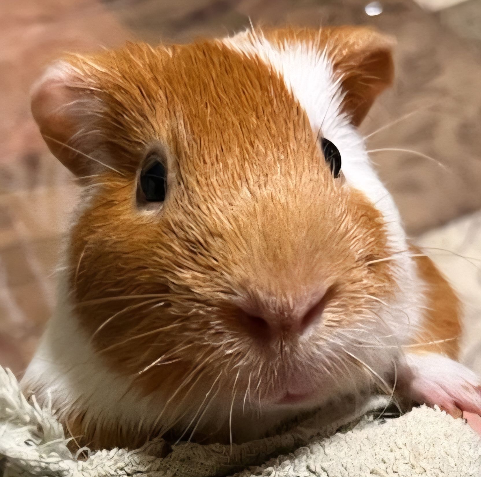 Guinea pig with orange and white fur, looking directly at the viewer.
