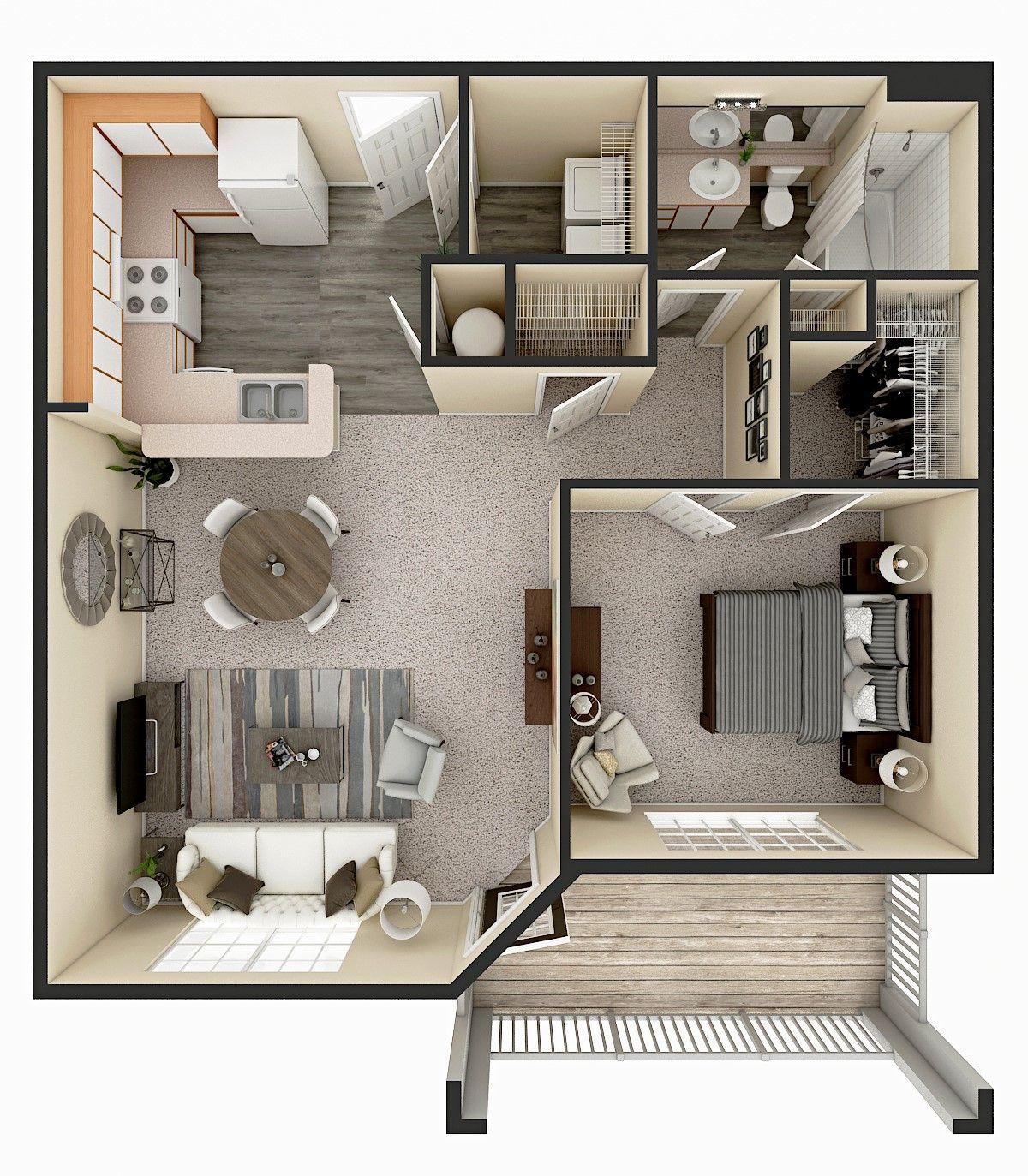Floor plan of a two-story house. Kitchen, dining, living room, laundry, and stairs. Brown, beige and white color scheme.