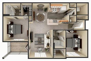 Floor plan of an apartment showing kitchen, dining, living, and bathroom areas.