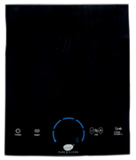 Black dishwasher control panel with blue-lit center dial and white icons on the bottom