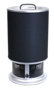 Black cylindrical appliance with silver top and base, featuring a handle and mesh vent opening