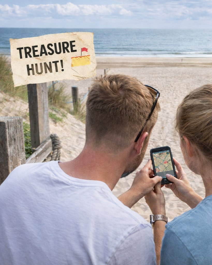 Mensen op het strand gebruiken een telefoon om een ​​bord met een speurtocht te bekijken.