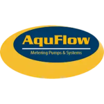 Un logotipo azul y amarillo para bombas y sistemas dosificadores aquaflow.